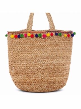 Shiraleah Chicago 100% Jute Tote/ Beach Bag w/Colorful Pom Pom Trim Accent- NWOT